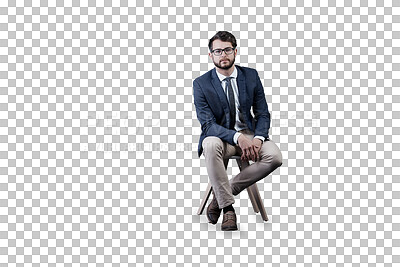 Buy stock photo Portrait, glasses and business man on chair isolated on a transparent png background in Spain. Serious, professional entrepreneur in suit and confident salesman, worker and corporate employee career