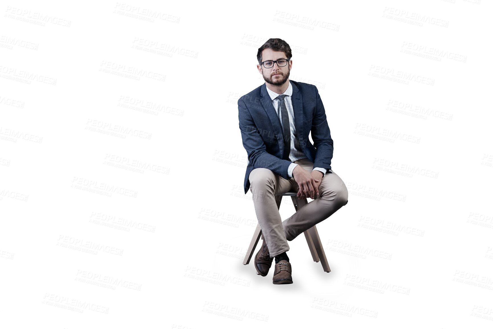 Buy stock photo Portrait, glasses and business man on chair isolated on a transparent png background in Spain. Serious, professional entrepreneur in suit and confident salesman, worker and corporate employee career