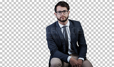 Buy stock photo Portrait, confident and business man in glasses isolated on a transparent png background. Serious, professional entrepreneur in suit and salesman, worker job and corporate employee career in Spain