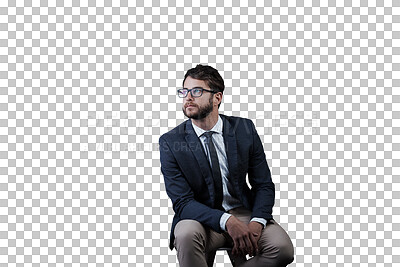 Buy stock photo Man, thinking and serious for future idea and isolated on transparent png background. Confident, young and financial clerk working for career, and startup with a businessman for corporate job
