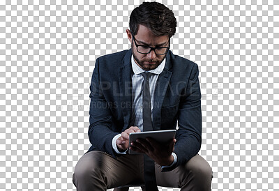 Buy stock photo Businessman, tablet and research on chair by social media, website or internet for information, data or feedback. Male person, technology and online trading on isolated or transparent png background