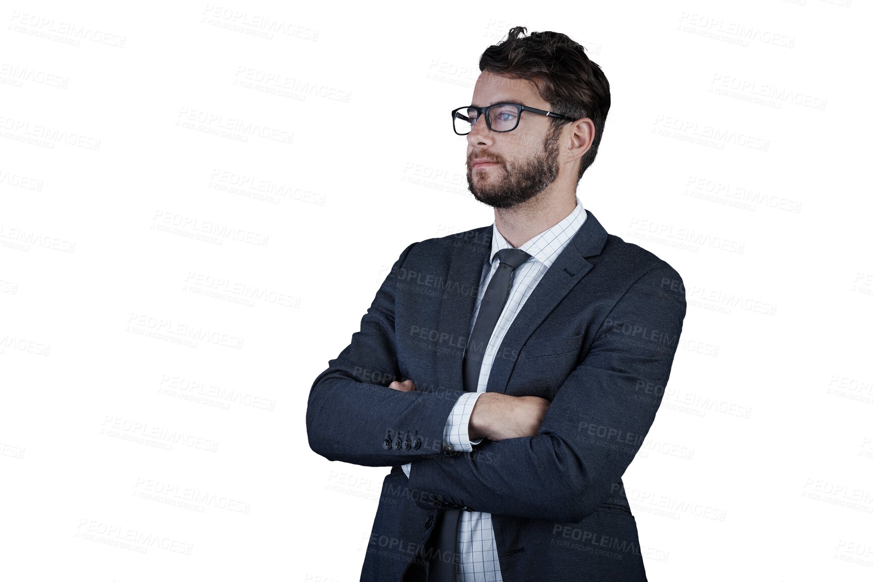 Buy stock photo Man, thinking and arms crossed for future idea and isolated on transparent png background. Confident, young and financial clerk working for career, and startup with a businessman for corporate job
