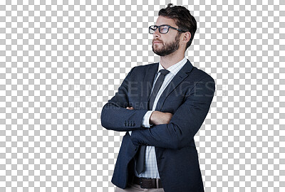 Buy stock photo Business man, thinking and worker with idea about corporate job and professional with glasses. Suit, male person and worker confidence from working isolated on a transparent, png background