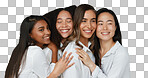 Women, group skincare and beauty with love, hug and support in diversity and inclusion on brown studio background. Friends, model or people smile together and kiss in dermatology, skin care or makeup