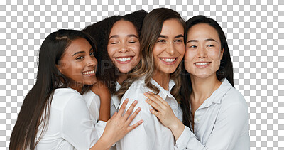 Buy stock photo Women, group and skincare for beauty with hug, community and support in diversity. Happy people, friends or model with smile for inclusion of dermatology on isolated or transparent png background