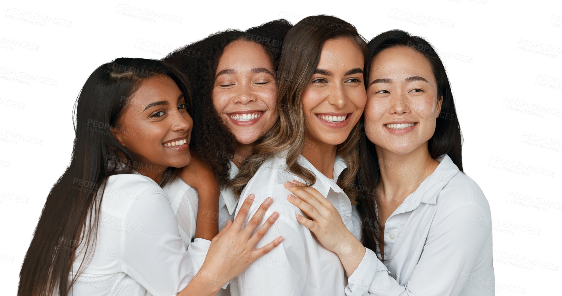 Buy stock photo Women, group and skincare for beauty with hug, community and support in diversity. Happy people, friends or model with smile for inclusion of dermatology on isolated or transparent png background