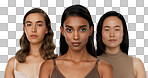 Natural beauty, face and diversity with women, dermatology and skincare isolated on studio background. Wellness, unique healthy skin and inclusion with cosmetic care, makeup shine and portrait