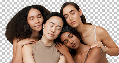 Buy stock photo Diversity, beauty and women with eyes closed for cosmetics, wellness and dermatology for glow. Female model, comparison and unique for inclusion on isolated or transparent png background for skincare