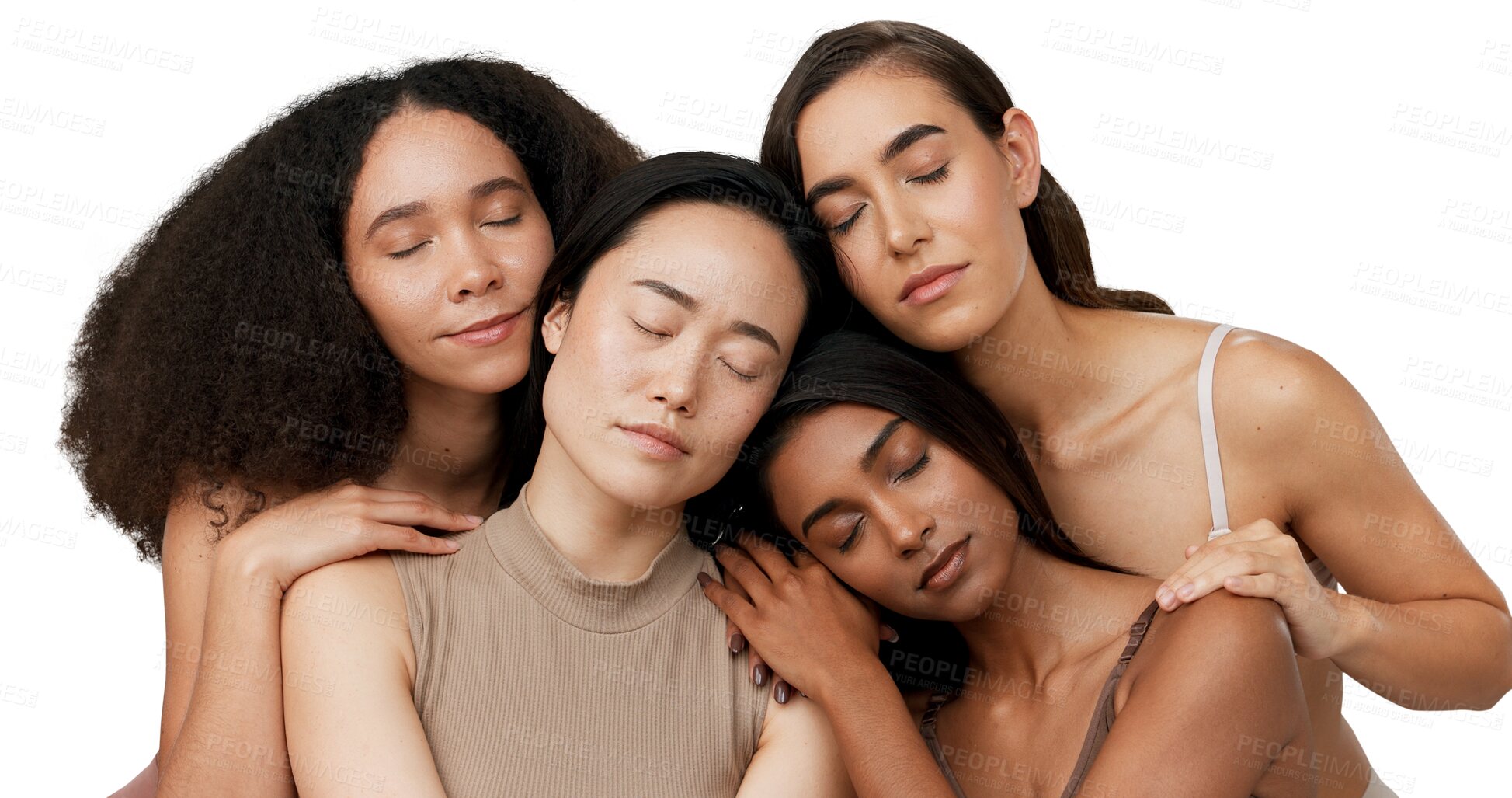 Buy stock photo Diversity, beauty and women with eyes closed for cosmetics, wellness and dermatology for glow. Female model, comparison and unique for inclusion on isolated or transparent png background for skincare