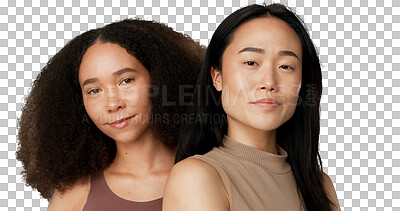Diversity face, beauty and studio women with natural cosmetics shine, facial skincare routine and self care wellness. Dermatology, salon makeup and portrait of relax model friends on grey background