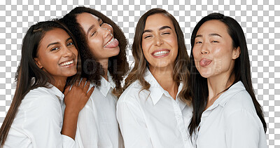 Buy stock photo Women, friends and diversity for skincare, beauty and cosmetics for inclusion, funny face and love. Happy people, smile and together with hug on isolated or transparent png background with tongue out