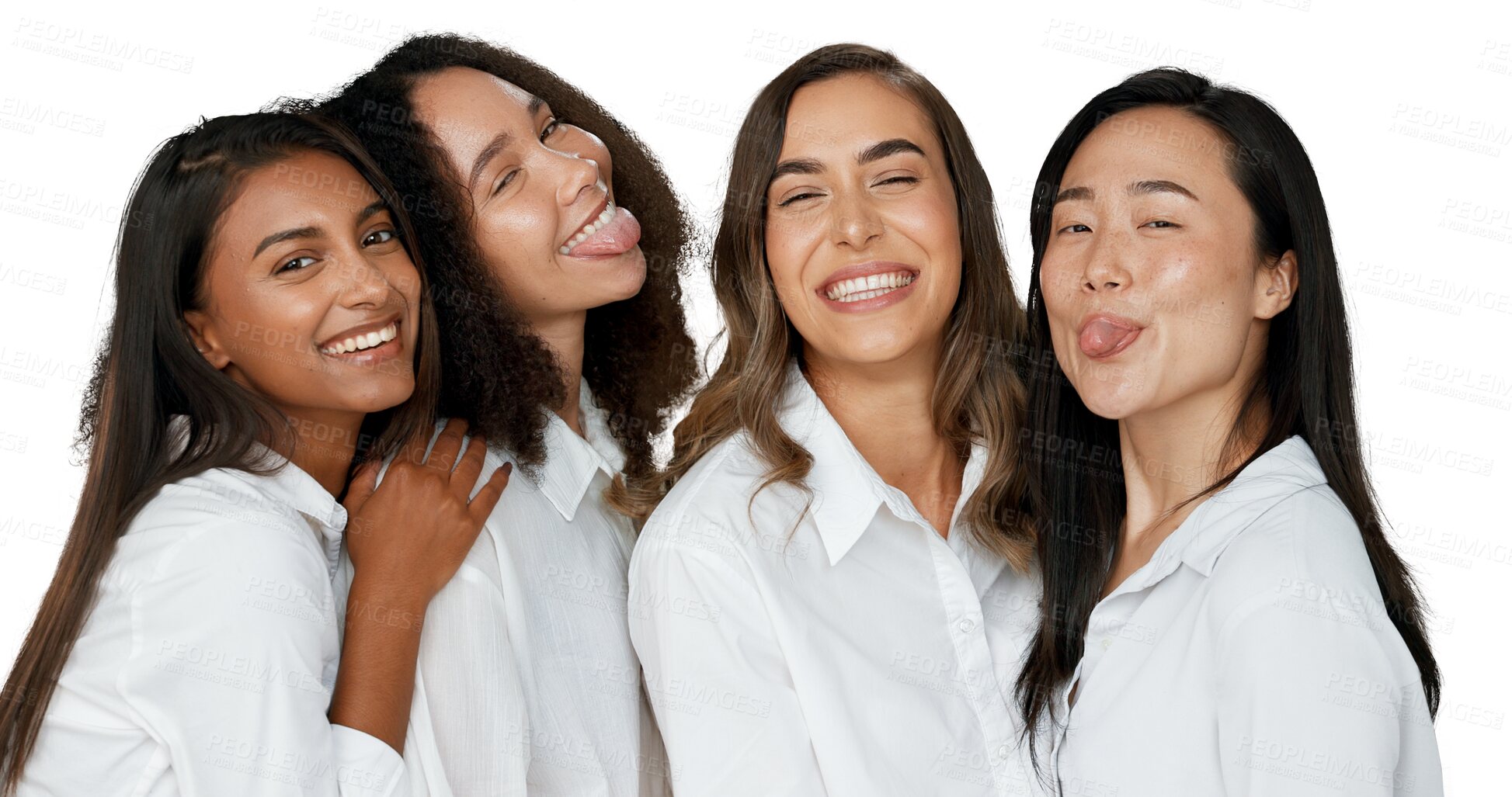 Buy stock photo Women, friends and diversity for skincare, beauty and cosmetics for inclusion, funny face and love. Happy people, smile and together with hug on isolated or transparent png background with tongue out