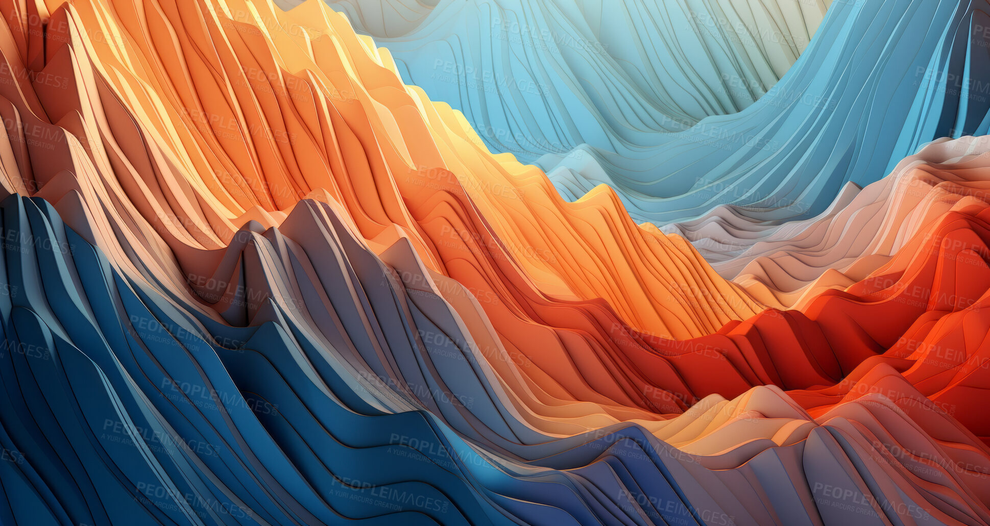 Buy stock photo Abstract, mountain and wave render on a background for design, wallpaper or backdrop. Colourful, vibrant material and holographic layer closeup of poly graphic for science, 3d art and creativity