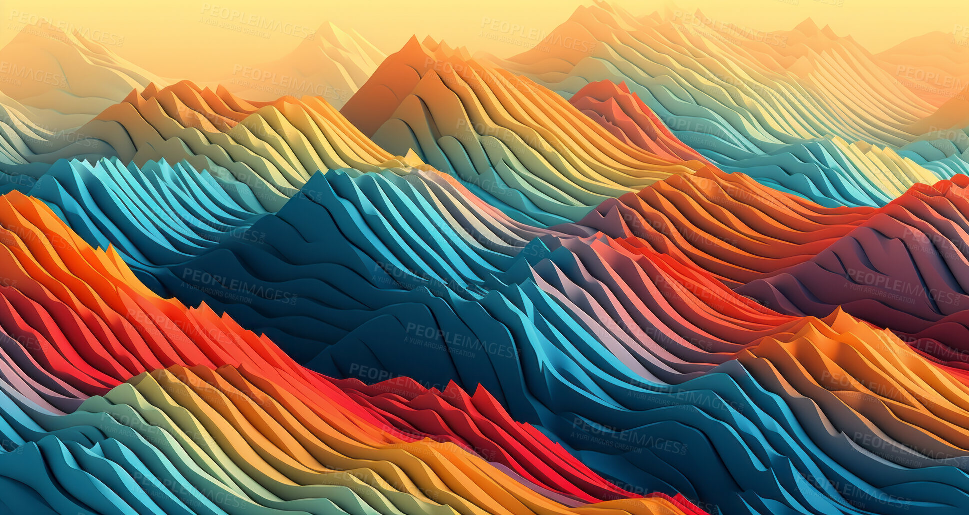 Buy stock photo Abstract, mountain and wave render on a background for design, wallpaper or backdrop. Colourful, vibrant material and holographic layer closeup of poly graphic for science, 3d art and creativity