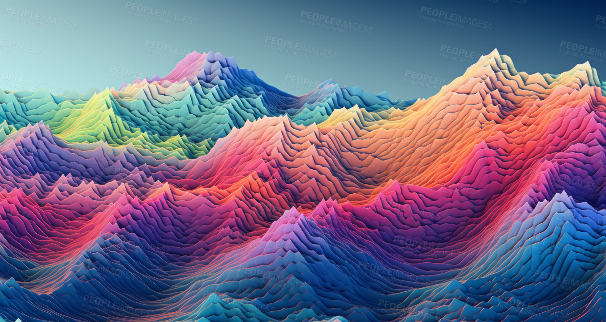 Buy stock photo Abstract, mountain and wave render on a background for design, wallpaper or backdrop. Colourful, vibrant material and holographic layer closeup of poly graphic for science, 3d art and creativity