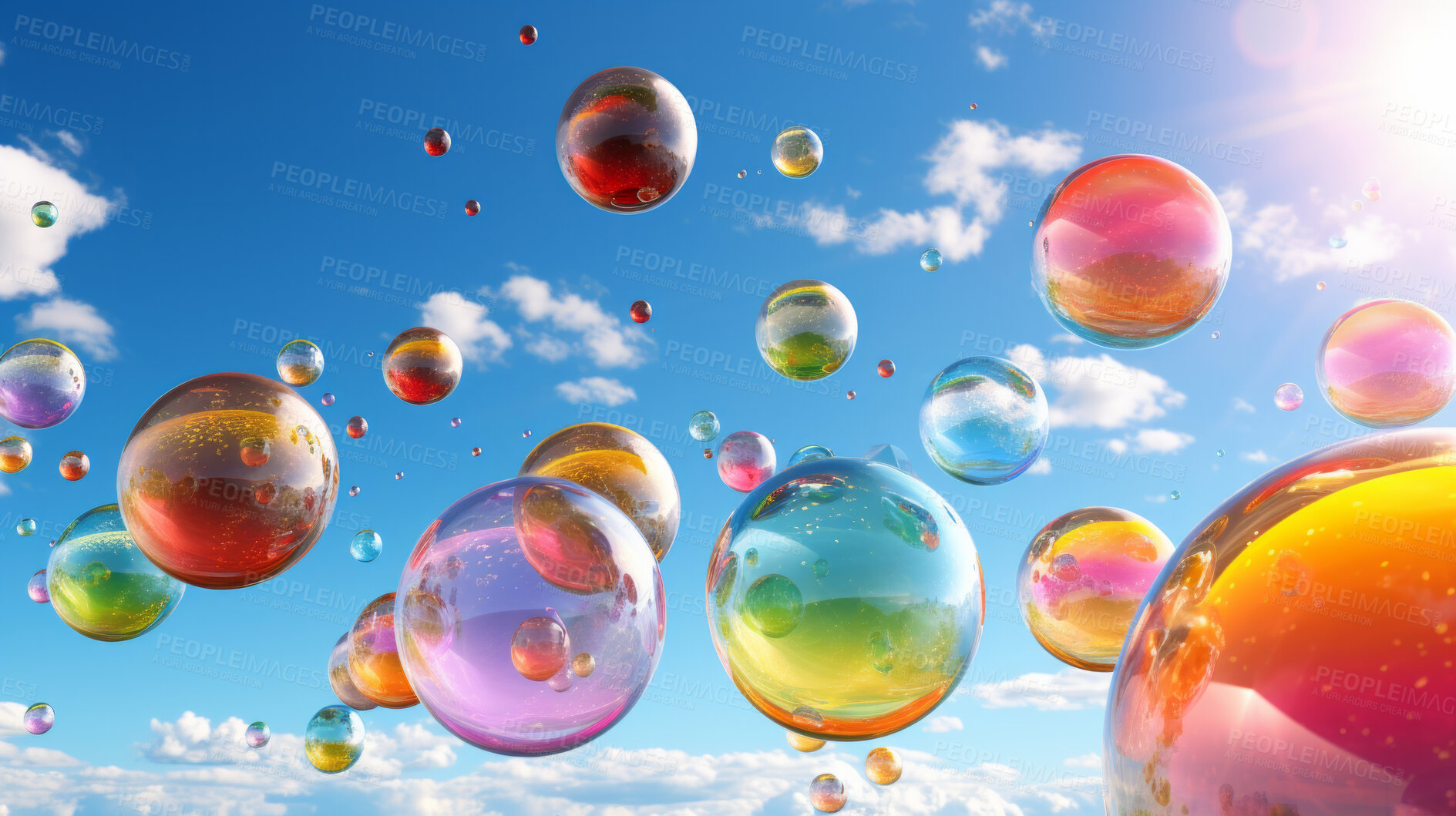 Buy stock photo Spheres, balls or balloons floating on a sky background for celebration, birthday or event. Colourful, vivid and creative 3d rendering of a fantasy mockup for artistic design, wallpaper and graphic