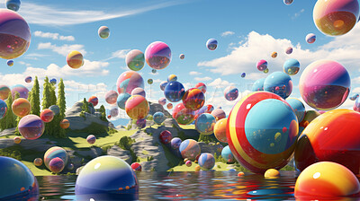 Spheres, balls or balloons floating on a sky background for celebration, birthday or event. Colourful, vivid and creative 3d rendering of a fantasy mockup for artistic design, wallpaper and graphic