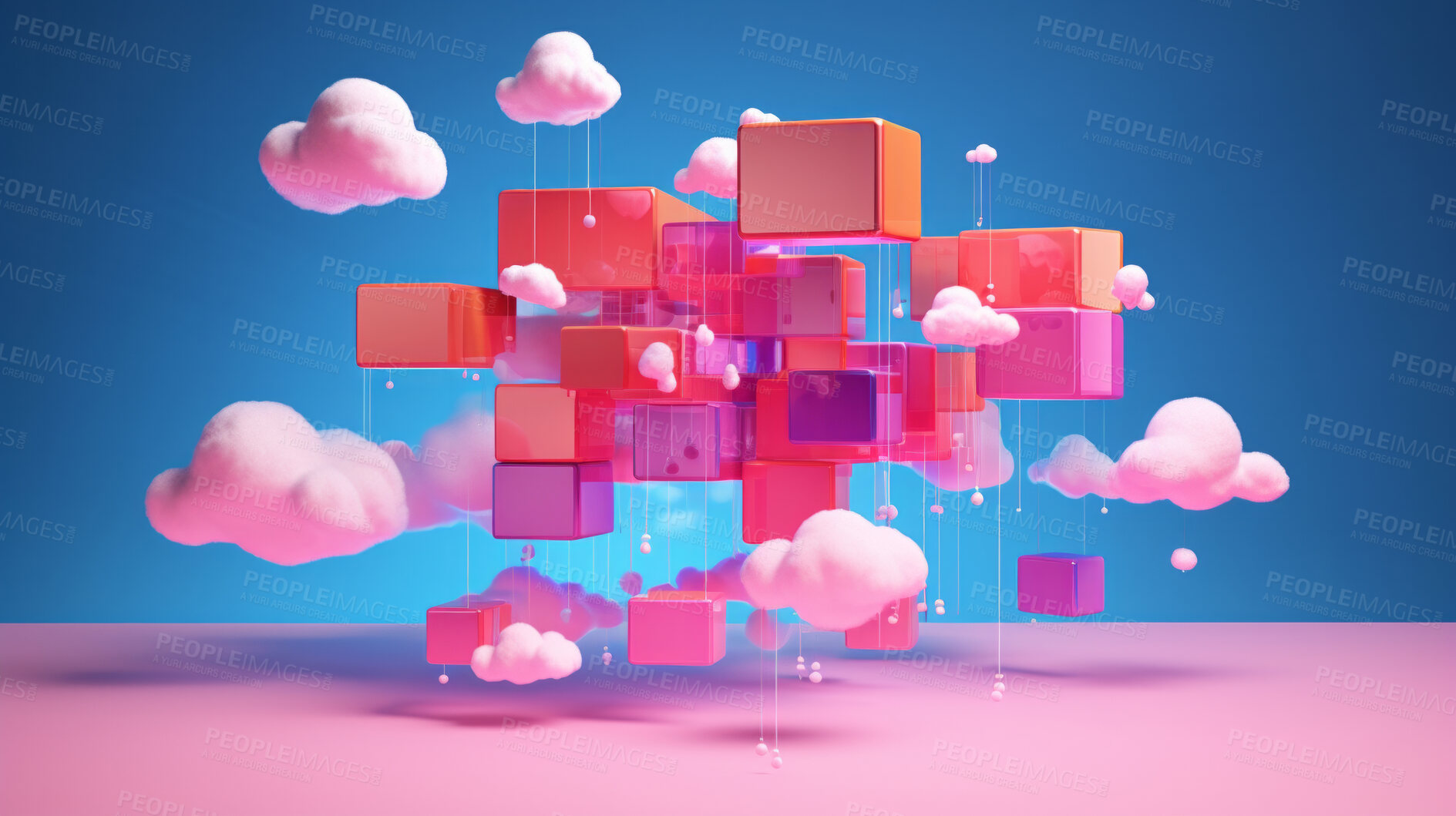 Buy stock photo Cloud, blockchain and network connection of 3d render shapes for online storage, big data and security software. Colourful, vibrant and creative mockup wallpaper on a pink and blue background