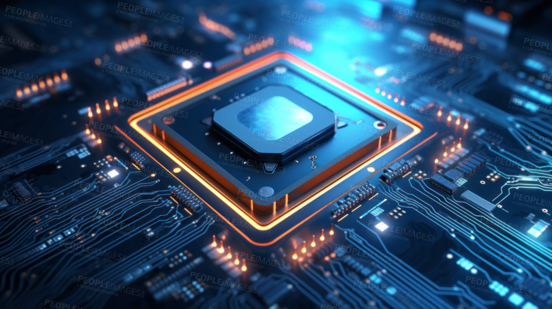 Buy stock photo Central Computer Processors and CPU mockup 3d render for quantum computing, data and graphics. Neon, blue and futuristic gpu chip design closeup for online business, microchip and science engineer