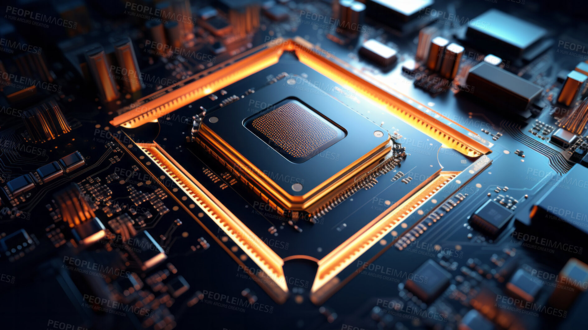 Buy stock photo Central Computer Processors and CPU mockup 3d render for quantum computing, data and graphics. Neon, blue and futuristic gpu chip design closeup for online business, microchip and science engineer