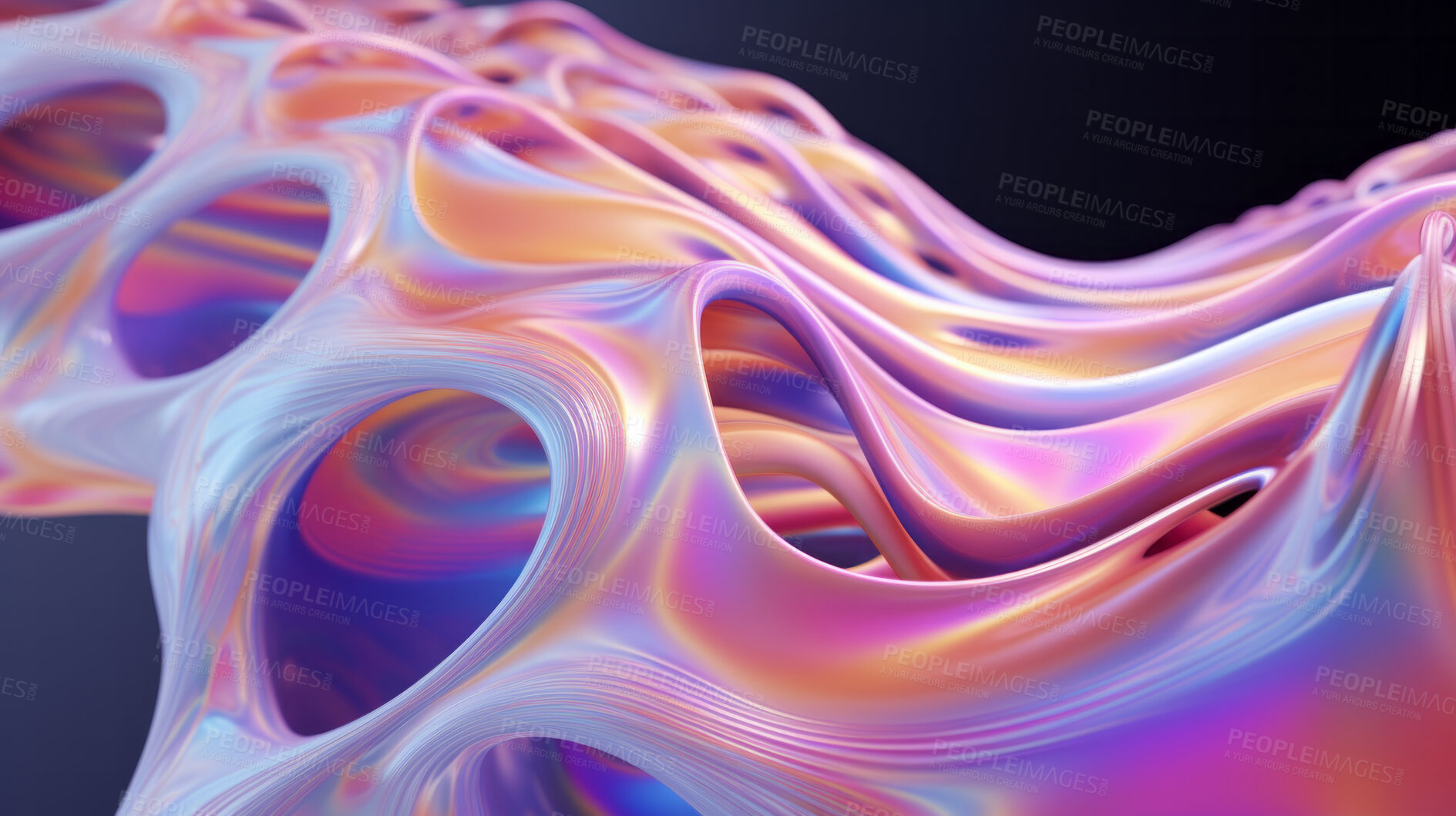 Buy stock photo Abstract, fabric and wave render on a black background for design, wallpaper or backdrop. Colourful, vibrant material and holographic fluid closeup of curves graphic for science, 3d art and creativity