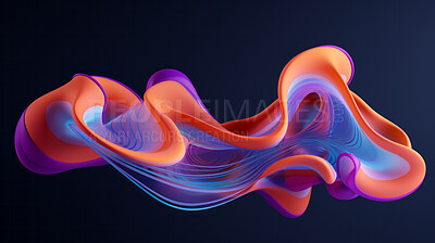 Buy stock photo Abstract, fabric and wave render on a black background for design, wallpaper or backdrop. Colourful, vibrant material and holographic fluid closeup of curves graphic for science, 3d art and creativity