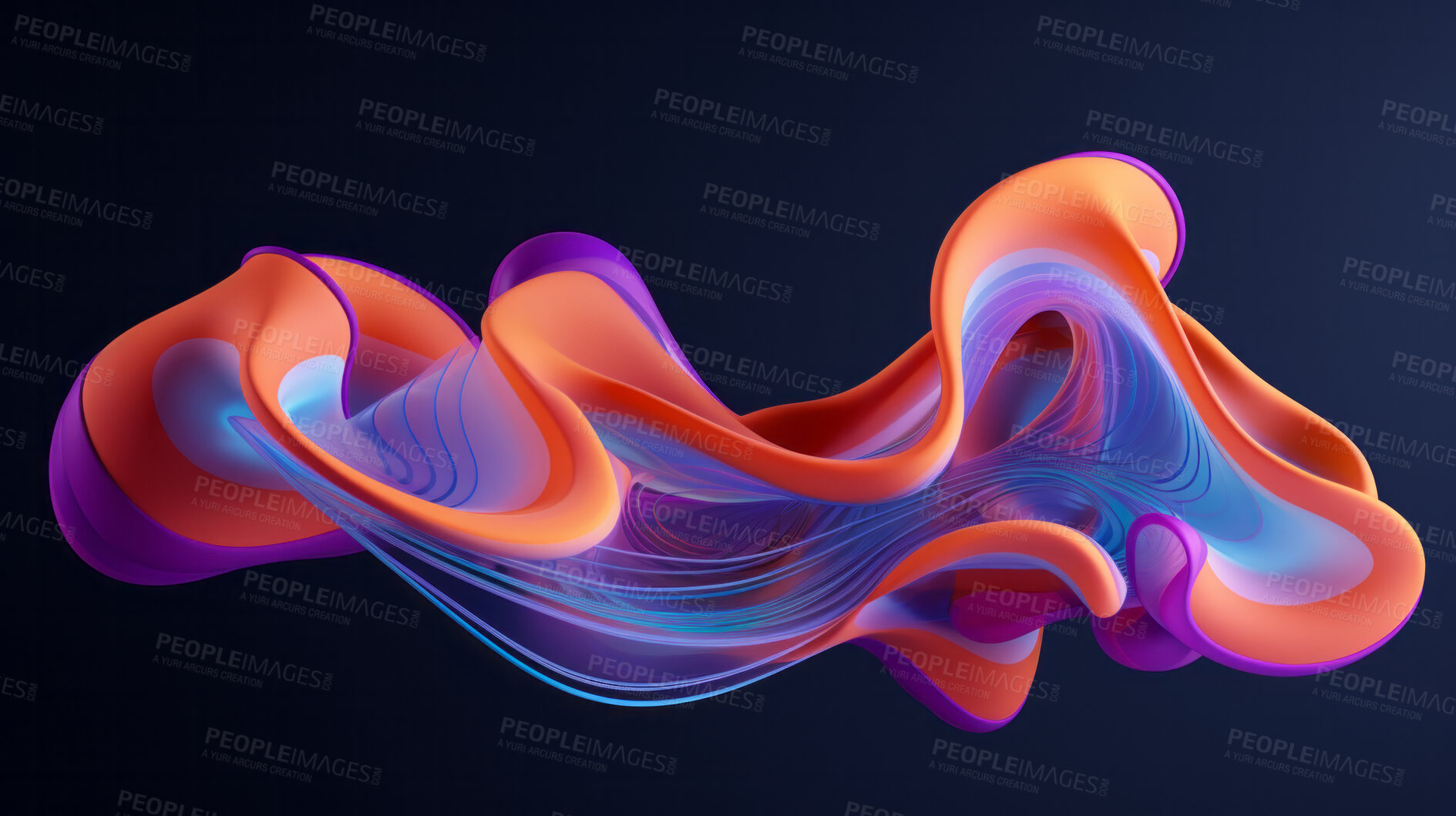 Buy stock photo Abstract, fabric and wave render on a black background for design, wallpaper or backdrop. Colourful, vibrant material and holographic fluid closeup of curves graphic for science, 3d art and creativity