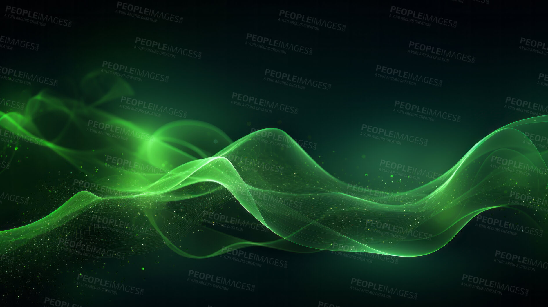 Buy stock photo Abstract, energy and green motion waves on a black background for wallpaper, design and eco science. Neon, effect and vibrant creative nature graphic for environment, ecology and sustainability