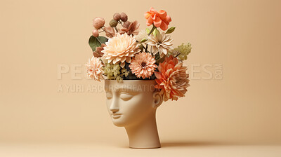 Buy stock photo Flowers, mental health and awareness sculpture of a head for brain, creativity and depression. Floral, colourful and 3d render design on a brown background for environmental, thinking, and dementia