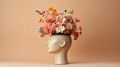 Flowers, mental health and awareness sculpture of a head for brain, creativity and depression. Floral, colourful and 3d render design on a brown background for environmental, thinking, and dementia