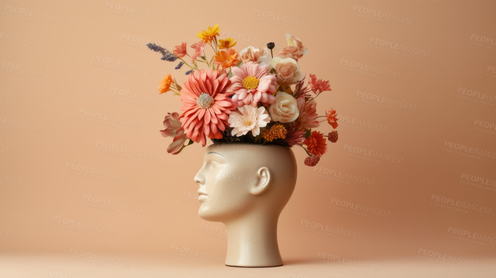 Buy stock photo Flowers, mental health and awareness sculpture of a head for brain, creativity and depression. Floral, colourful and 3d render design on a brown background for environmental, thinking, and dementia