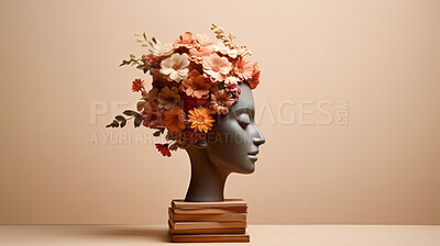 Flowers, mental health and awareness sculpture of a head for brain, creativity and depression. Floral, colourful and 3d render design on a brown background for environmental, thinking, and dementia