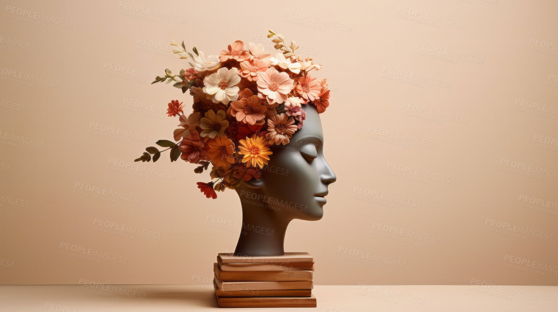 Buy stock photo Flowers, mental health and awareness sculpture of a head for brain, creativity and depression. Floral, colourful and 3d render design on a brown background for environmental, thinking, and dementia