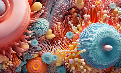Abstract, tropical and coral reef 3d render for creative wallpaper, background or mockup. Colourful, vibrant and closeup of pastel colour undersea diverse plants for design, graphic and aquarium