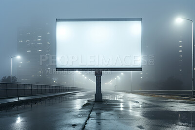 Misty city, mockup space and advertising billboard, commercial product or logo design in urban area. Empty poster for brand marketing, multimedia and communication with announcement, town and banner