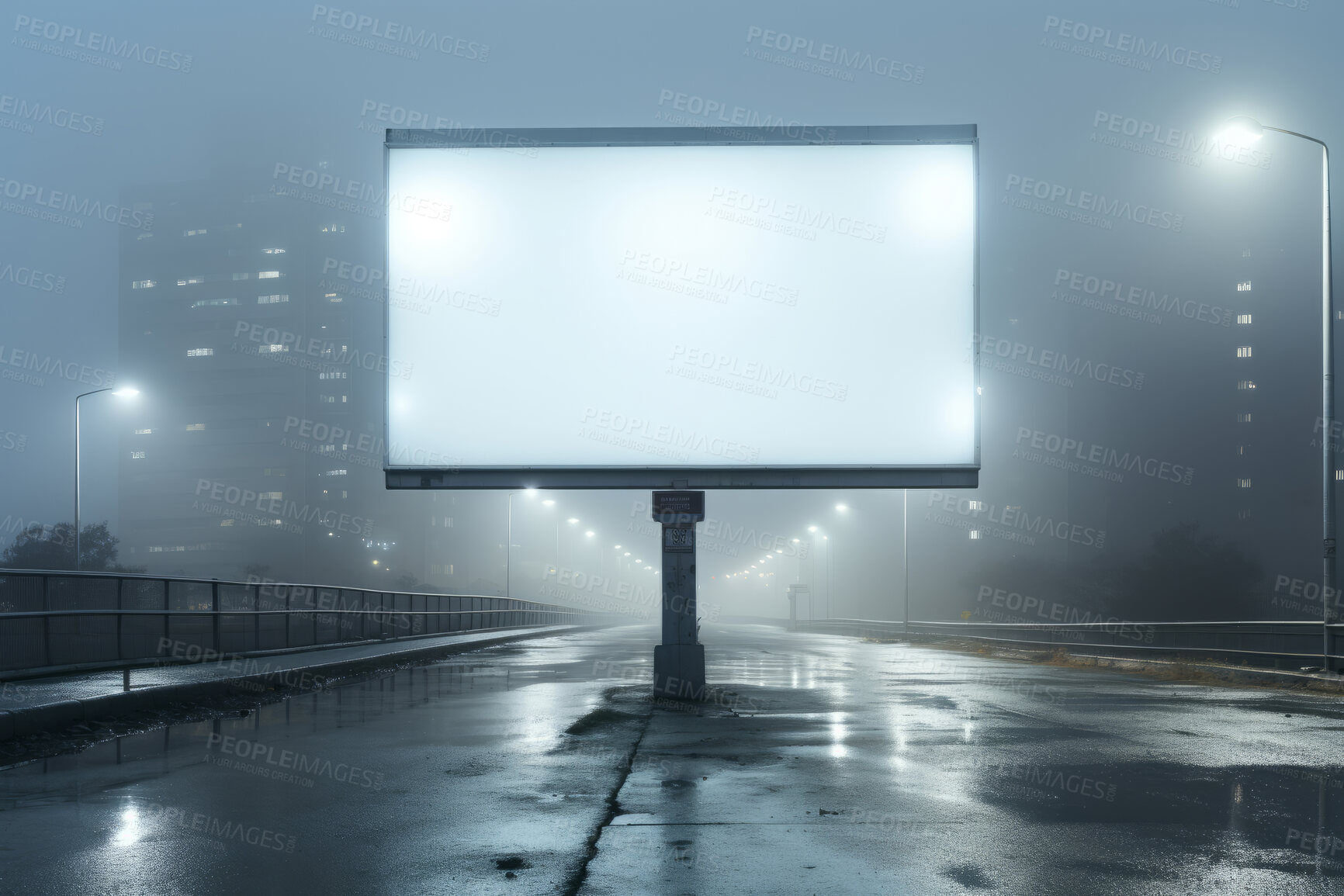 Buy stock photo Misty city, mockup space and advertising billboard, commercial product or logo design in urban area. Empty poster for brand marketing, multimedia and communication with announcement, town and banner