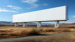 Desert, mockup space and advertising billboard, commercial product or logo design in dry countryside. Empty poster for brand marketing, multimedia and communication for broadcast,  banner and outdoor