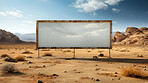Desert, mockup space and advertising billboard, commercial product or logo design in dry countryside. Empty poster for brand marketing, multimedia and communication for broadcast,  banner and outdoor