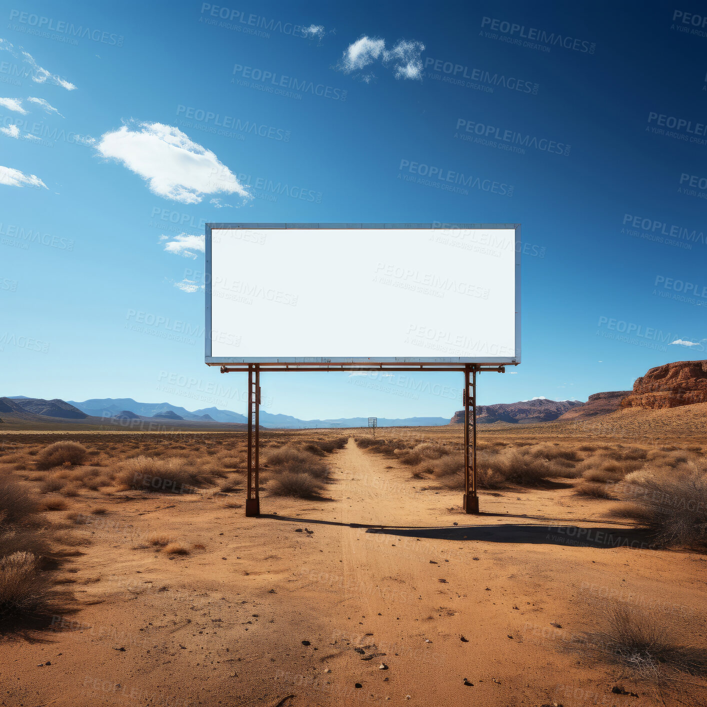 Buy stock photo Desert, mockup space and advertising billboard, commercial product or logo design in dry countryside. Empty poster for brand marketing, multimedia and communication for broadcast,  banner and outdoor