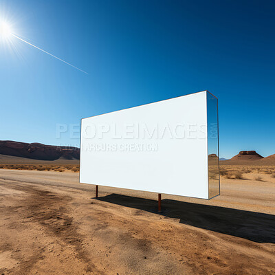 Desert, mockup space and aDesert, mockup space and advertising billboard, commercial product or logo design in dry countryside. Empty poster for brand marketing, multimedia and communication for broadcast, banner and outdoor