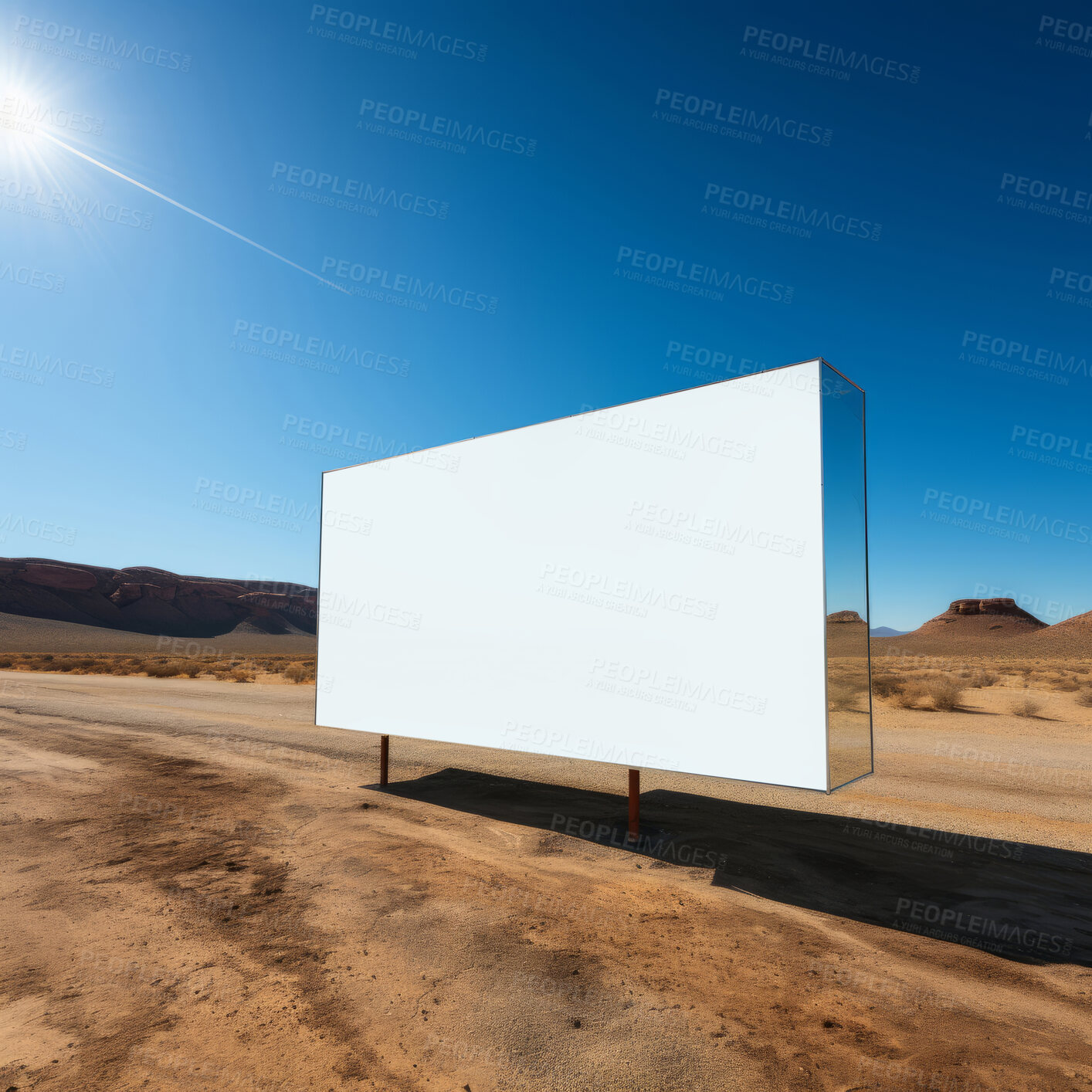 Buy stock photo Desert, mockup space and advertising billboard, commercial product or logo design in dry countryside. Empty poster for brand marketing, multimedia and communication for broadcast,  banner and outdoor