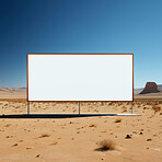 Desert, mockup space and advertising billboard, commercial product or logo design in dry countryside. Empty poster for brand marketing, multimedia and communication for broadcast,  banner and outdoor