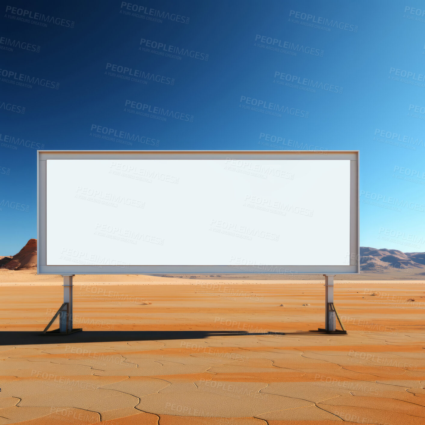 Buy stock photo Desert, mockup space and advertising billboard, commercial product or logo design in dry countryside. Empty poster for brand marketing, multimedia and communication for broadcast,  banner and outdoor