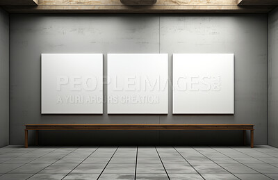 Bench, mockup space and advertising billboards, commercial product or logo design in large room. Empty posters for brand marketing, multimedia and communication with announcement, urban and banner.