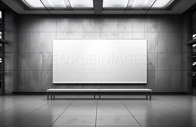Bench, mockup space and advertising billboard, commercial product or logo design in large room. Empty poster for brand marketing, multimedia and communication with announcement, urban and banner