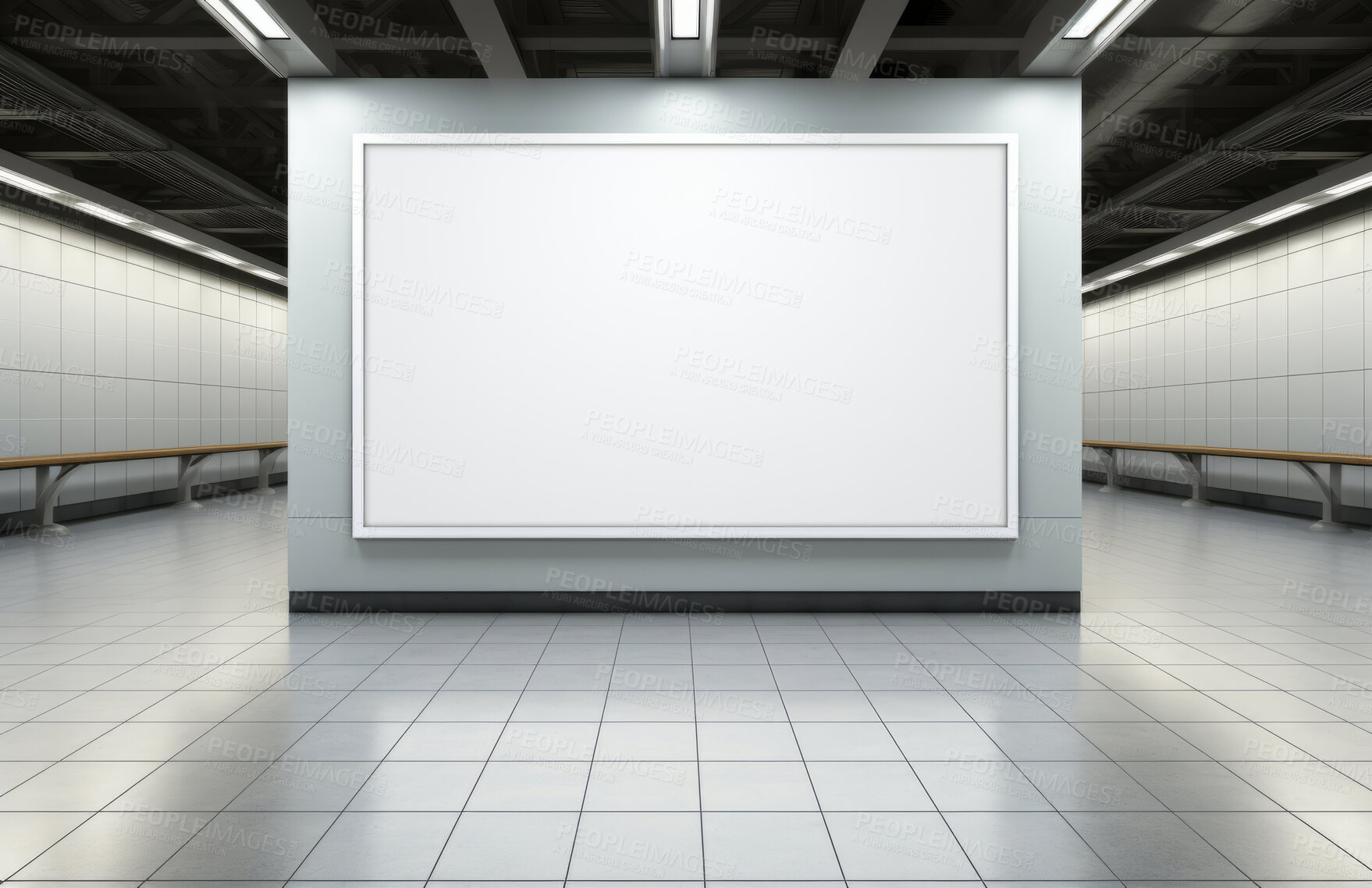 Buy stock photo Screen, mockup space and advertising billboard, commercial product or logo design in subway Empty poster for brand marketing, multimedia and communication with announcement, and banner.