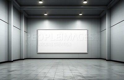 Hall, mockup space and advertising billboard, commercial product or logo design in large room. Empty poster for brand marketing, multimedia and communication with announcement, urban and banner, indoors