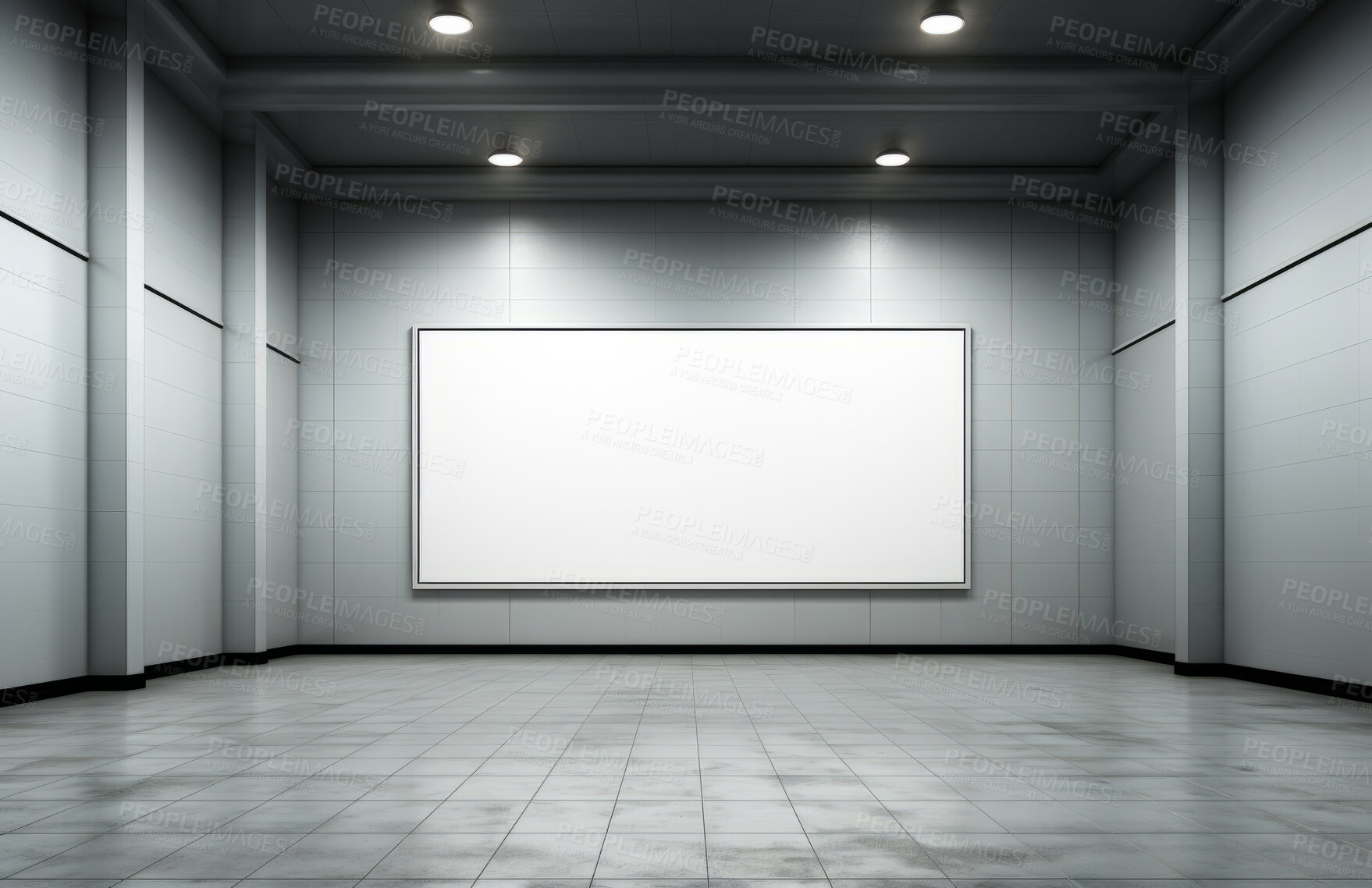 Buy stock photo Hall, mockup space and advertising billboard, commercial product or logo design in large room. Empty poster for brand marketing, multimedia and communication with announcement, urban and banner, indoors