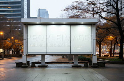 Bus stop, mockup space and advertising billboard, commercial product or logo design in city. Empty poster for brand marketing, multimedia and communication with announcement, urban and banner