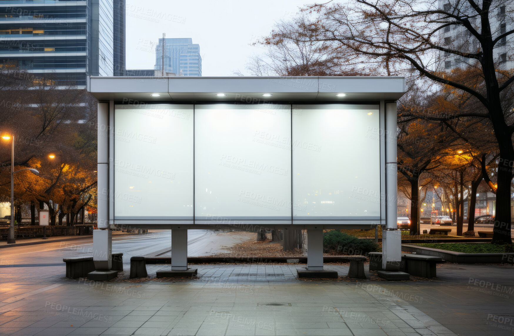 Buy stock photo Bus stop, mockup space and advertising billboard, commercial product or logo design in city. Empty poster for brand marketing, multimedia and communication with announcement, urban and banner